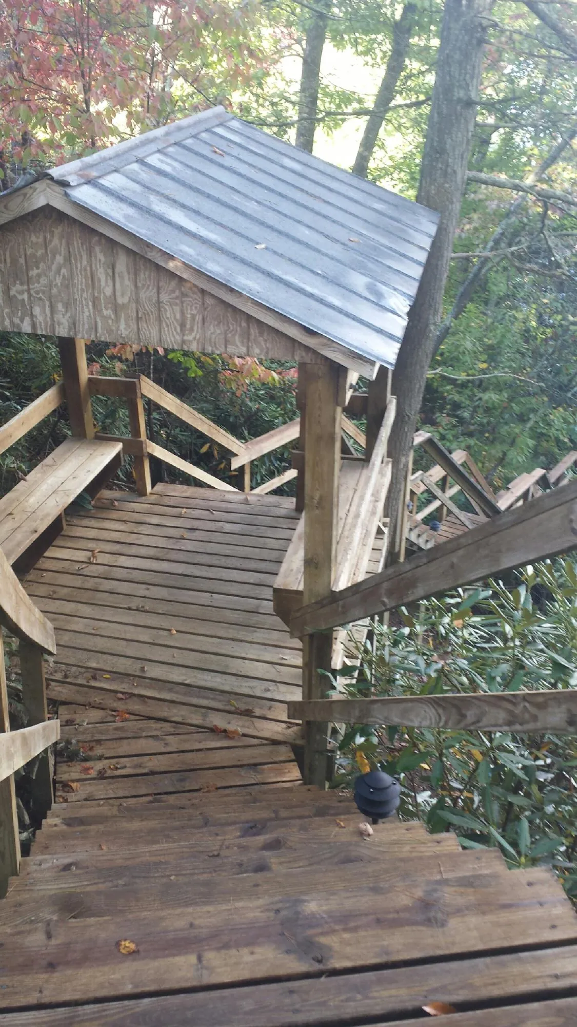 Metal roofed shelter over wooden steps on a wooded walkway — Skylight Repair & Installation work by our crew in Mayer